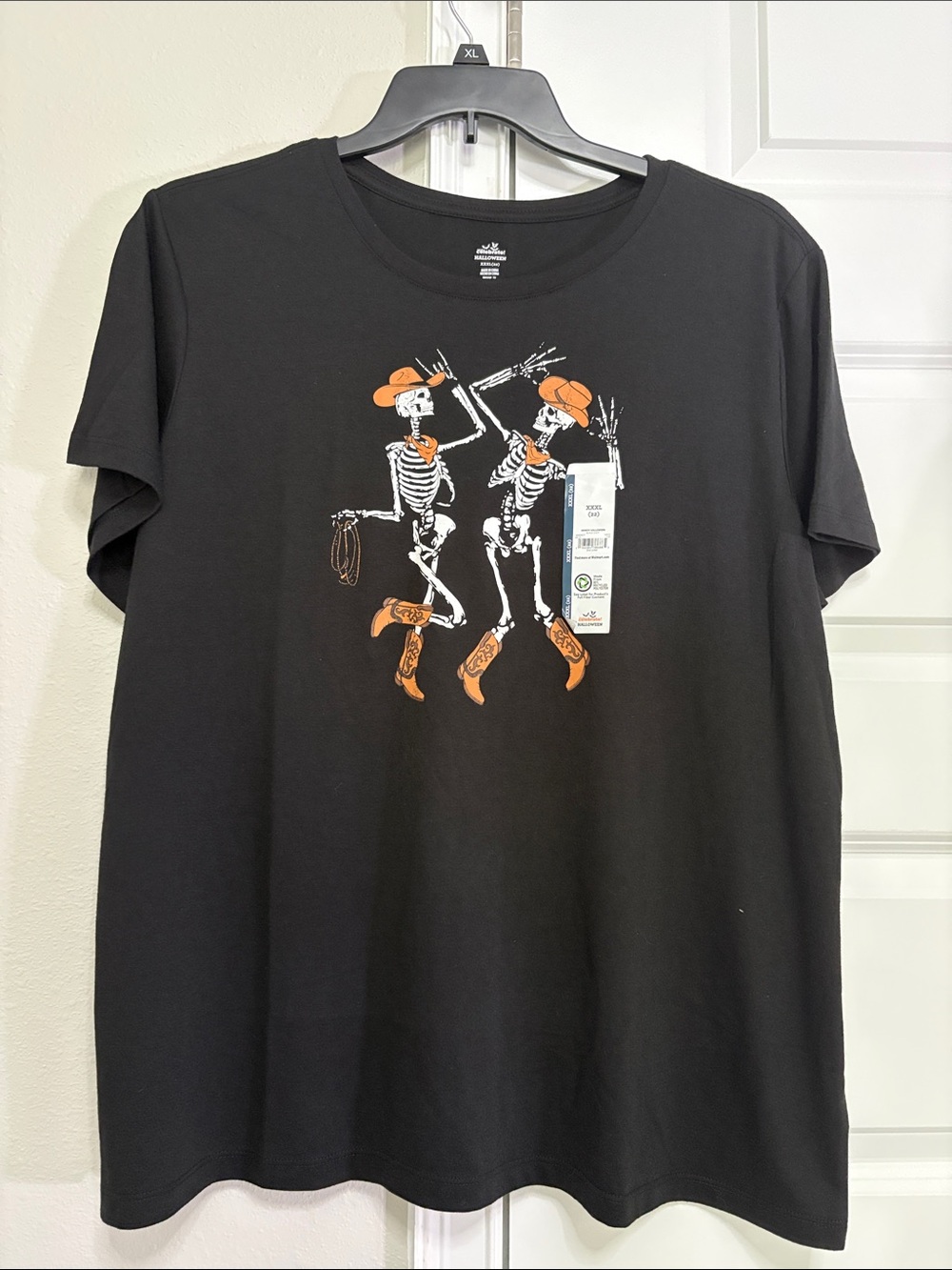 Unbranded Black Short-Sleeve Graphic Tee with Orange Skeleton Cowgirl Print